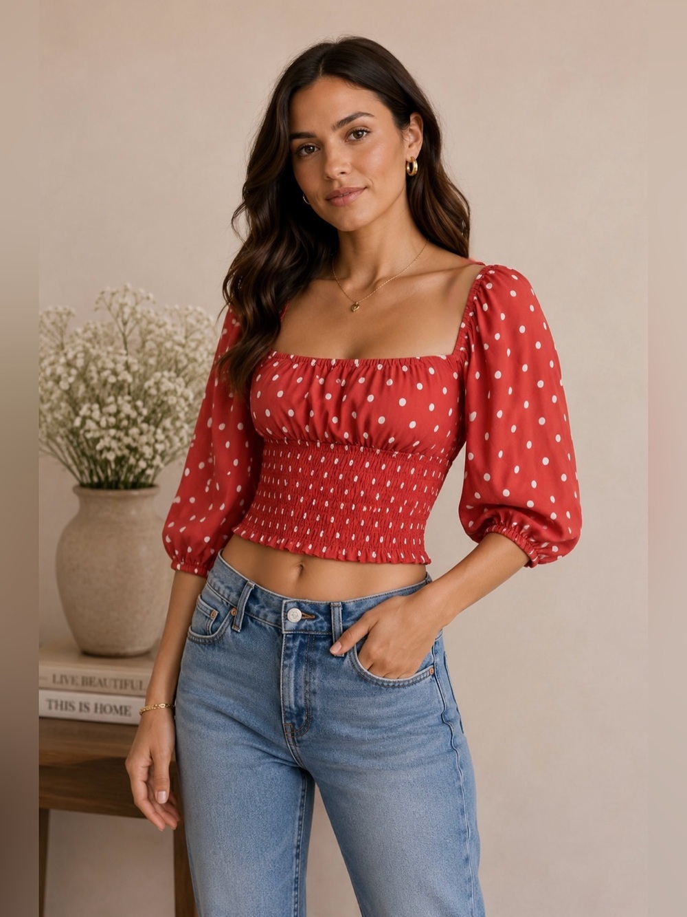 AFRM Red White Polka Dot Blouse Size M Cottagecore Festival Feminine Brunch